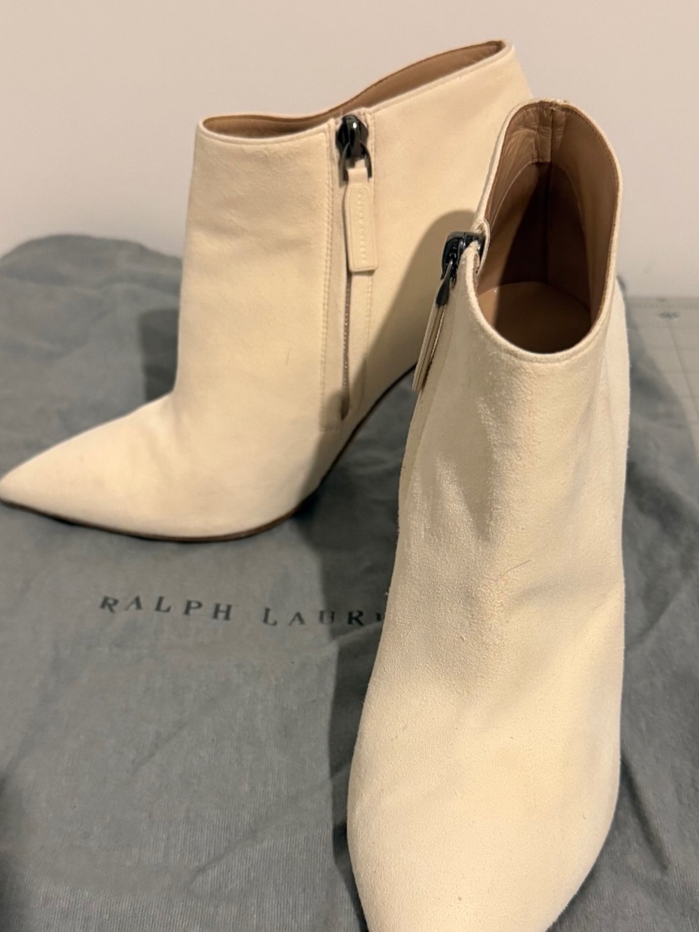 Ralph Lauren Purple Label Cream Suede Pointed Ankle Booties
